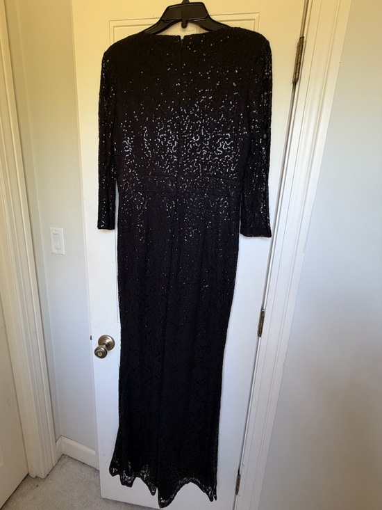 MARINA Black Long-Sleeve Sequin Evening Gown with Sheer Illusion Front - Picture 4 of 4